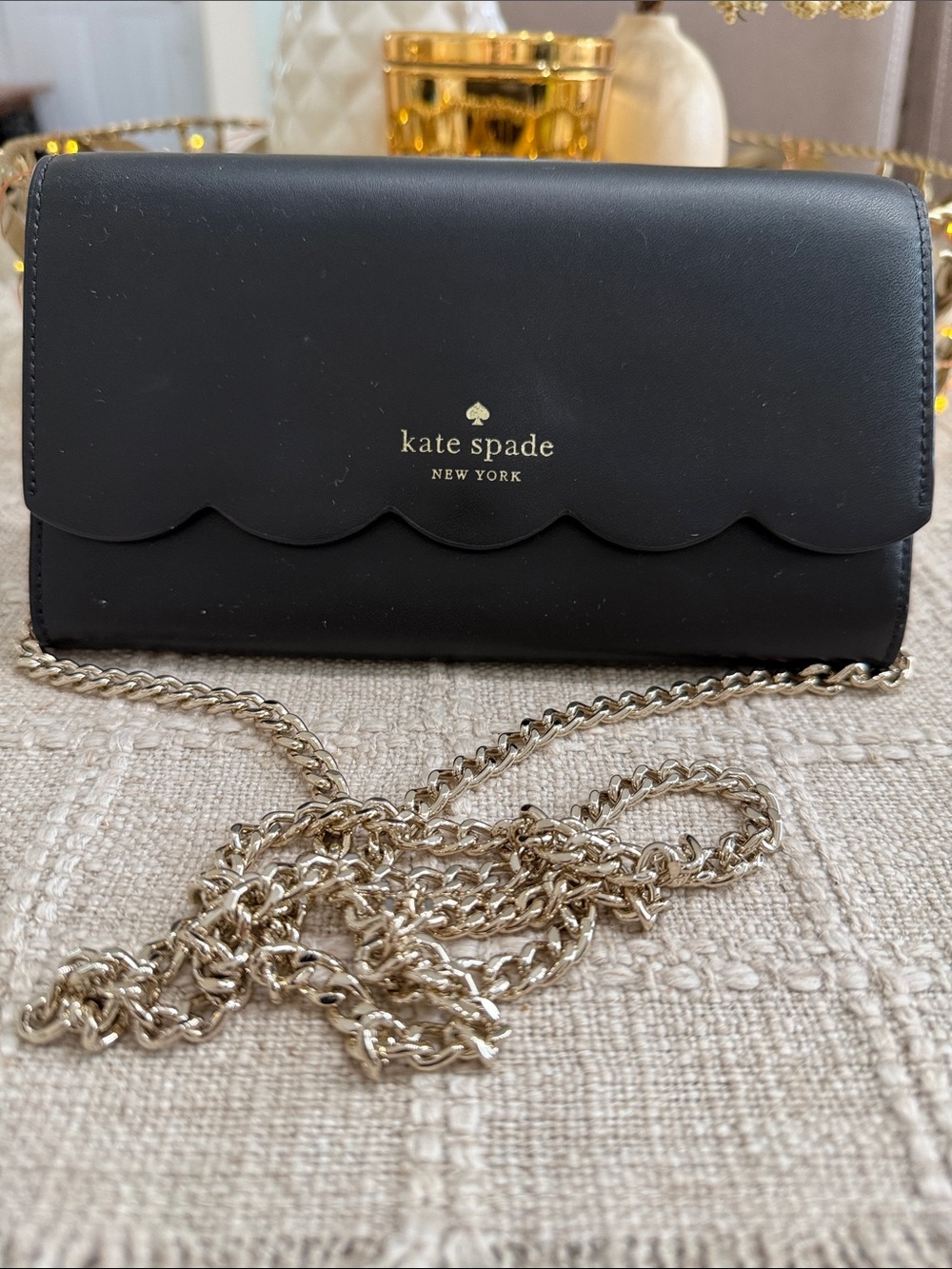 kate spade Black Leather Scallop Flap Crossbody with Gold Chain